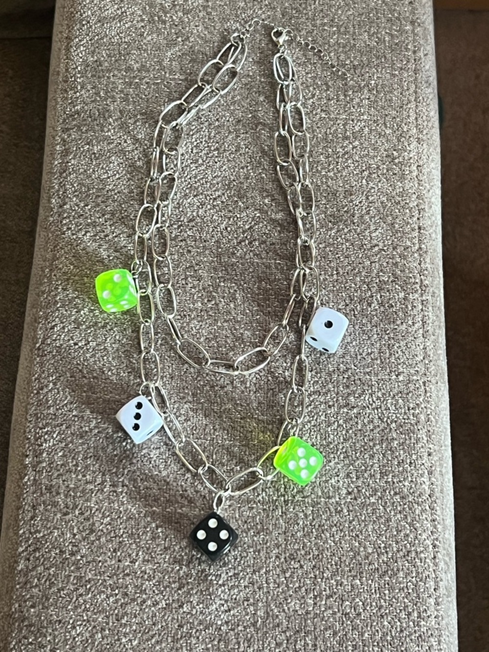Silver Chain Necklace with Neon Green, Black and White Dice Charms N124